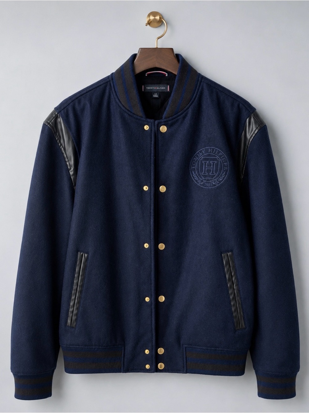 Tommy Hilfiger Wool-Blend Varsity Letterman Jacket Navy Black Gold Snaps NWT L